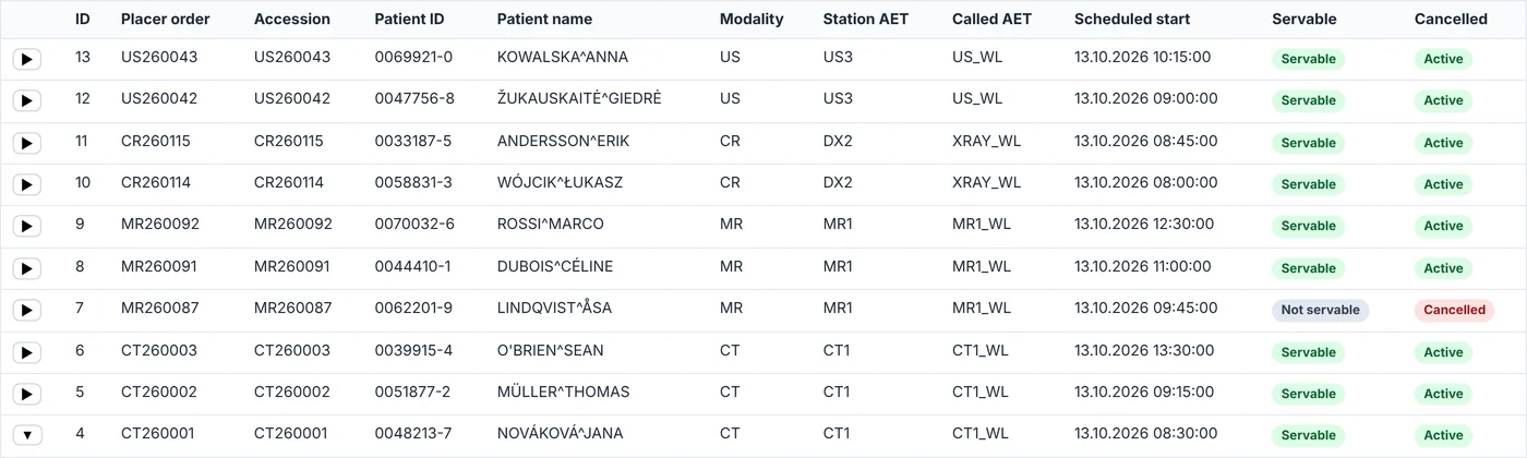 WorklistBridge's dashboard listing tomorrow's worklist items for CT, MR, X-ray and ultrasound rooms, one of them marked cancelled.